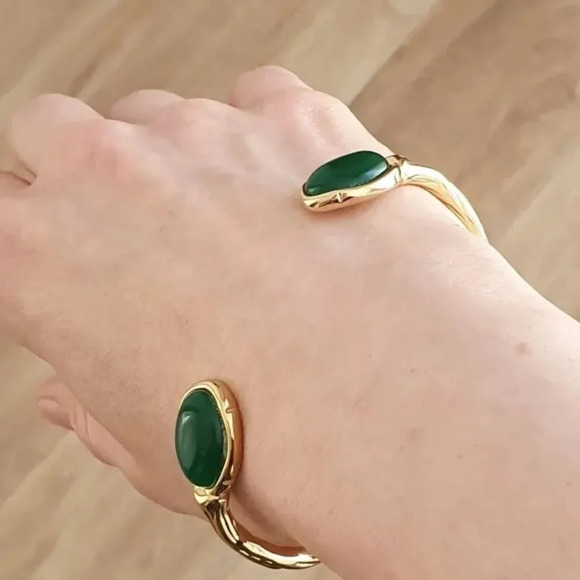 Selena Green Cat Eye Agate 18K Gold Stainless Steel Waterproof Cuff Bracelet - Picture 10 of 17